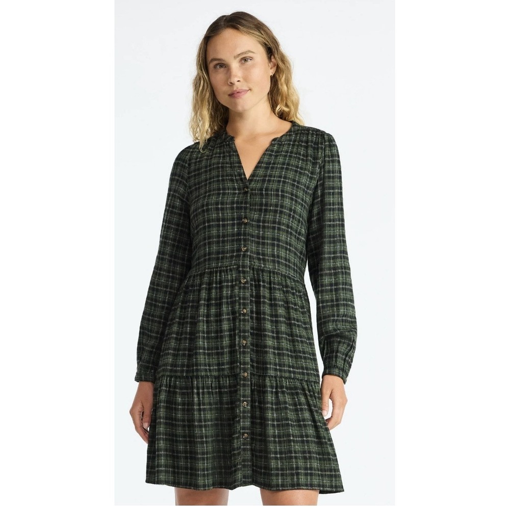 Time and Tru-Women's-Tiered-Plaid Flannel Dress-Green-Size XXXL-NWT